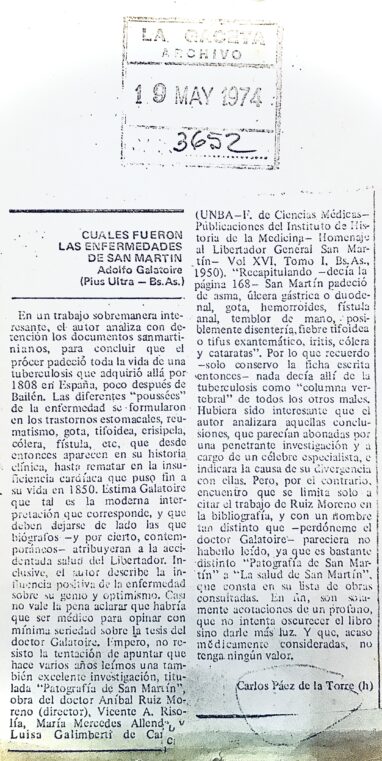 “Cuáles fueron las enfermedades de San Martín” de Adolfo Galatoire