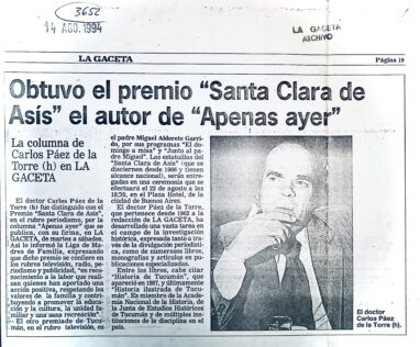 Obtuvo el premio “Santa Clara de Asís” el autor de “Apenas Ayer”