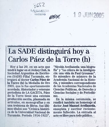 La SADE distinguirá hoy a Carlos Páez de la Torre