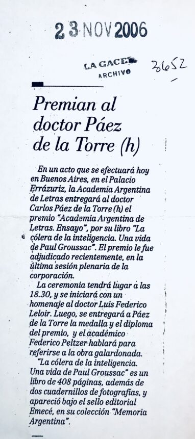 Premian al doctor Carlos Páez de la Torre (h) por su libro “La Cólera de la Inteligencia. Una vida de Paul Groussac”