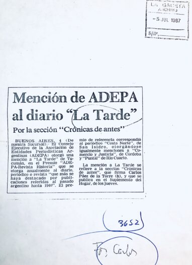 Mención de ADEPA al diario La Tarde por su sección “Crónicas de Antes”