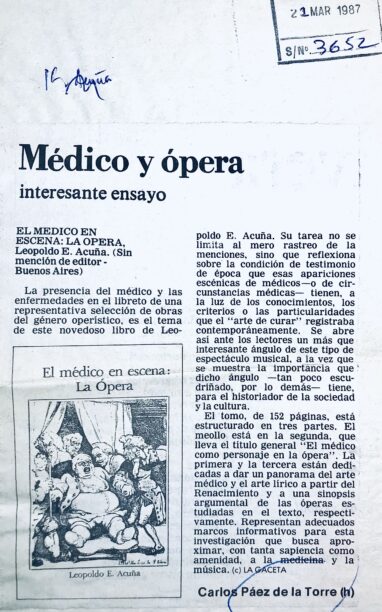 Médico y ópera, interesante ensayo