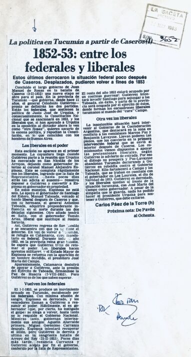 La política en Tucumán después de Caseros: I – 1852-53: entre los federales y liberales