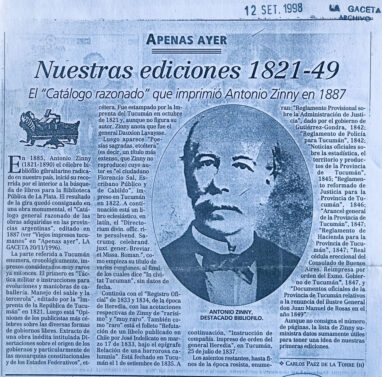 Nuestras ediciones 1821-49, Antonio Zinny, destacado bibliófilo