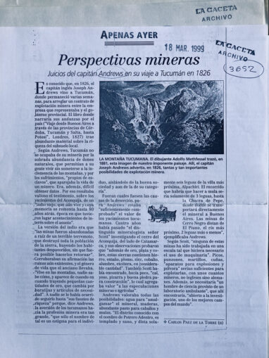 Perspectivas mineras. Juicios del capitán Andrews en su viaje a Tucumán em 1826