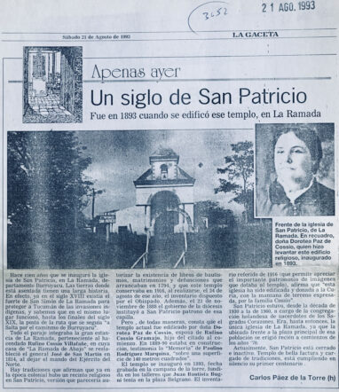 Un siglo de San Patricio. Templo en La Ramada