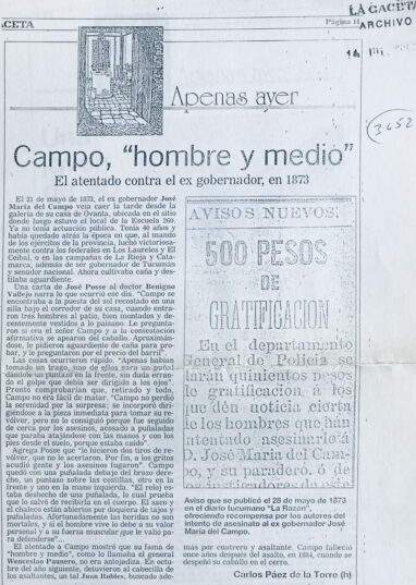 Campo, “hombre y medio”. El atentado contra el ex gobernador en 1873