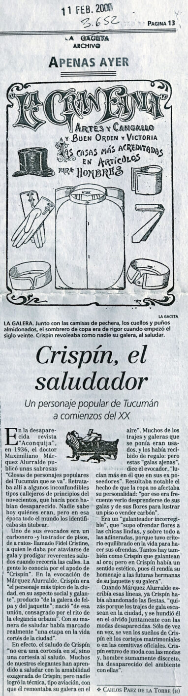 Crispín, el saludador. Personaje polular de Tucumán