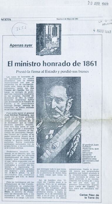 El ministro honrado de 1861, el general Juan Esteban Pedernera