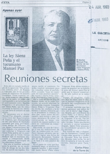 Reuniones secretas. La ley Sáenz Peña y el tucumano Manuel Paz