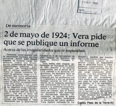 2 de mayo de 1924: Vera pide que se publique un infore que le imputaban