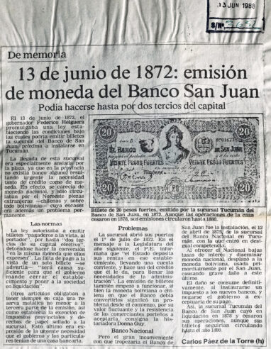 13 de junio de 1872: emisión de moneda del Banco San Juan