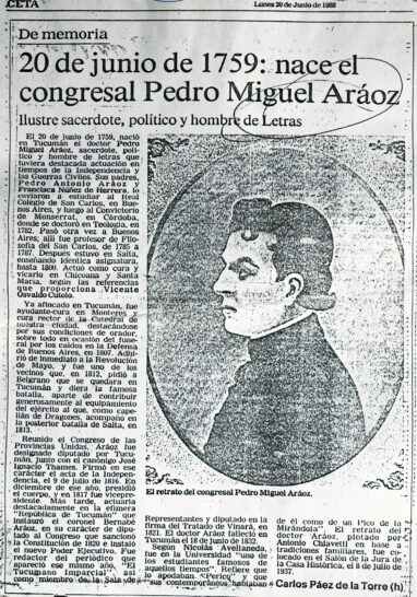 20 de junio de 1759: nace el congresal Pedro Miguel Aráoz