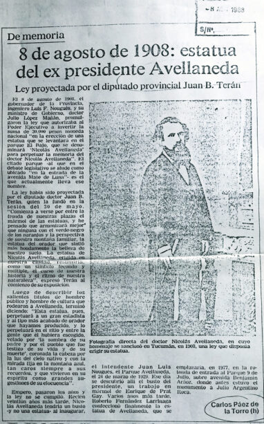 8 de agosto de 1908: estatua del ex presidente Avellaneda