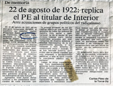 22 de agosto de 1922: replica el PE al titular de Interior