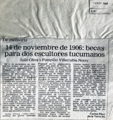 14 de noviembre de 1906: becas para dos escultores tucumanos