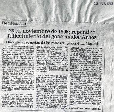 28 de noviembre de 1895: repentino fallecimiento del gobernador Aráoz