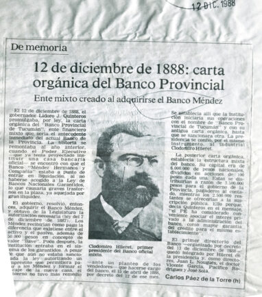 12 de diciembre de 1888: carta orgánica del Banco Provincial