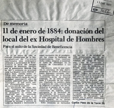 11 de enero de 1884: donación del local del ex Hospital de Hombres