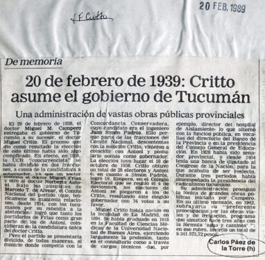 20 de febrero de 1939: Critto asume el gobierno de Tucumán.