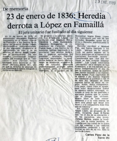 23 de enero de 1836: Heredia derrota a López en Famailla