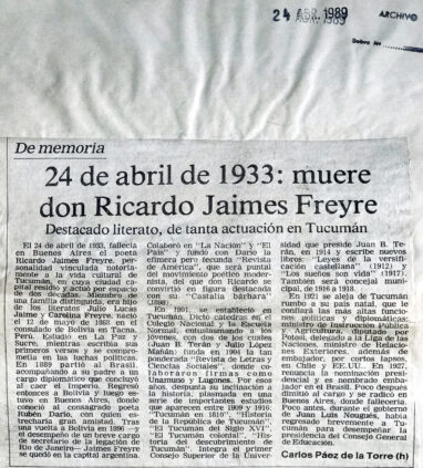 24 de abril de 1933: muere don Ricardo Jaimes Freyre.