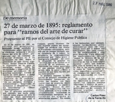 27 de marzo de 1895: reglamento para “Ramos del arte de curar”