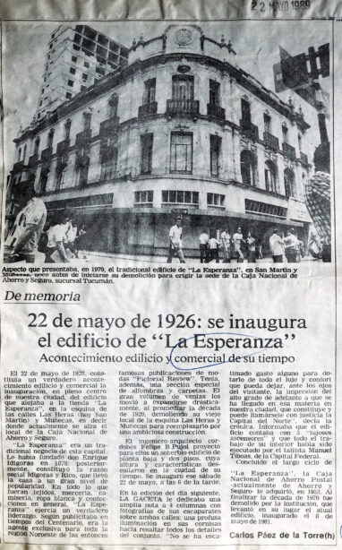 22 de mayo de 1926: se inaugura el edificio de “La Esperanza”