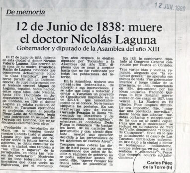 12 de junio de 1838: muere el doctor Nicolás laguna.