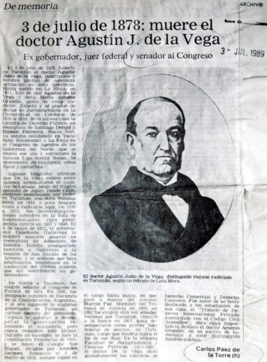 3 de junio de 1878: muere el doctor Agustin J de La Vega.