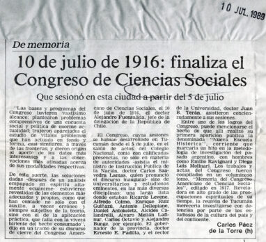 10 de julio De 1916: finaliza el congreso de ciencias sociales.