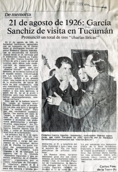 21 de agosto de 1926: García Sanchis de visita en Tucumán.