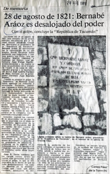 28 de agosto de 1821: Bernabé Araoz es desalojado del poder