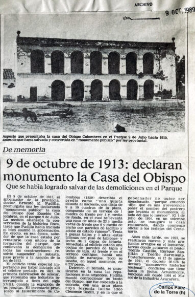 9 de octubre de 1913: declaran monumento la casa del obispo