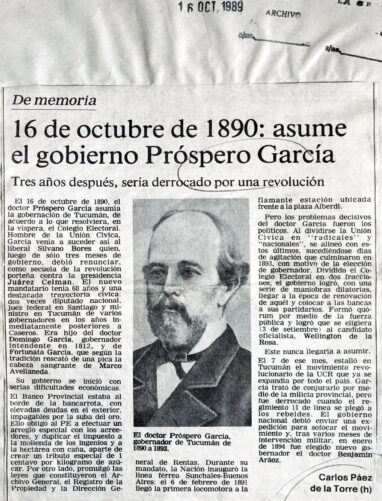 16 de octubre de 1890: asume el gobierno de Próspero García