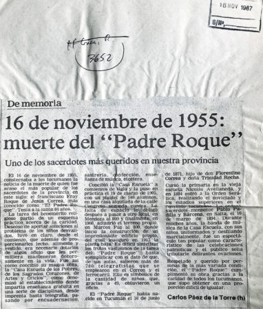 16 de noviembre de 1955: muerte del padre Roque. Uno de los sacerdotes más queridos de nuestra provincia