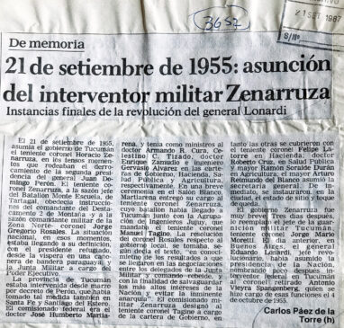 21 de septiembre de 1955: Asunción del interventor militar Zenarruza