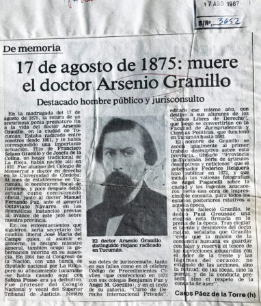 17 de agosto de 1875: muere el doctor Arsenio Granillo