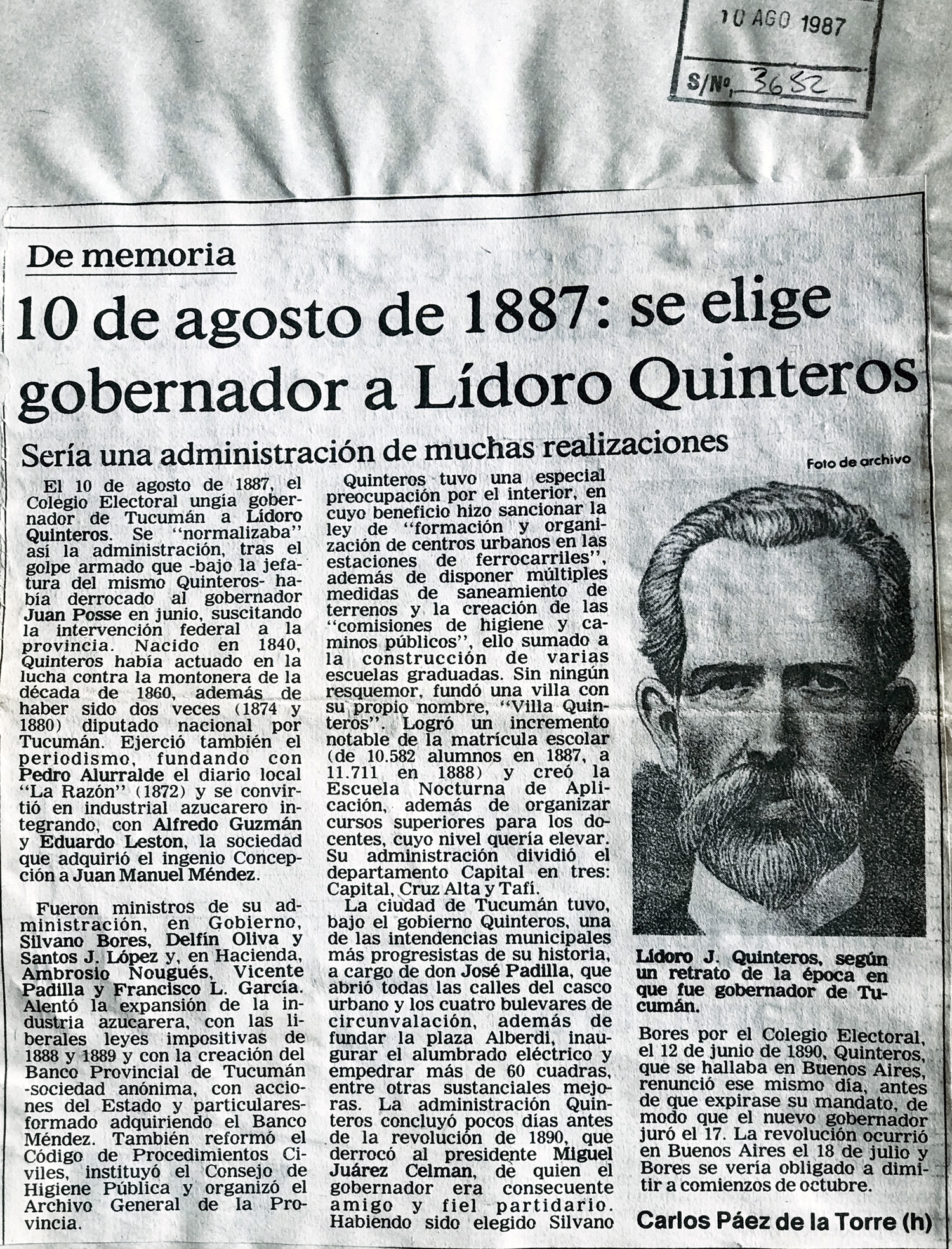 10 de agosto de 1887: se elige gobernador a Lídoro Quinteros