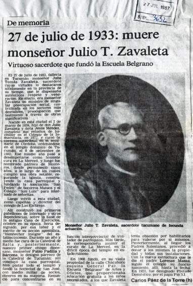 27 de julio de 1933 muere Monseñor Julio de Zavaleta