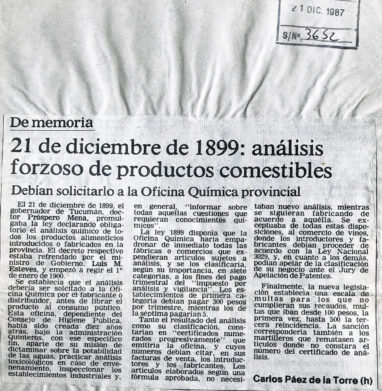 21 de diciembre de 1899: análisis forzoso de productos comestibles