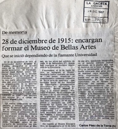 28 de diciembre de 1915: encargan formar el Museo de Bellas Artes