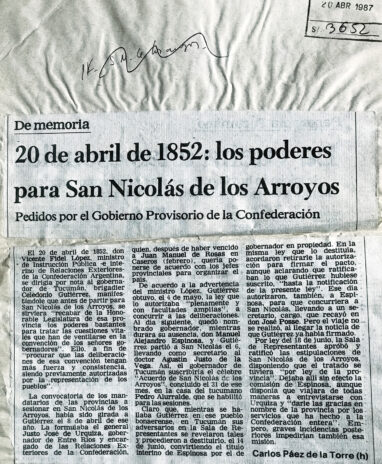 20 de abril de 1852: los poderes para San Nicolás de los arroyos.