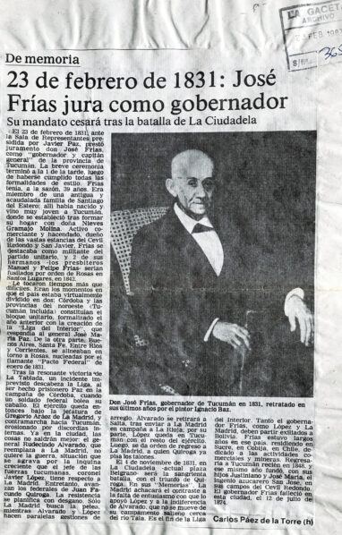 23 de febrero de 1831: José Frías jura como gobernador