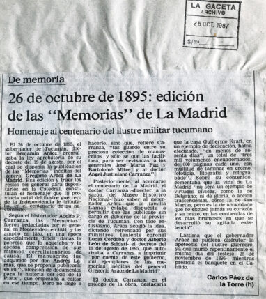 26 de octubre de 1895: edición de las “Memorias” de La Madrid