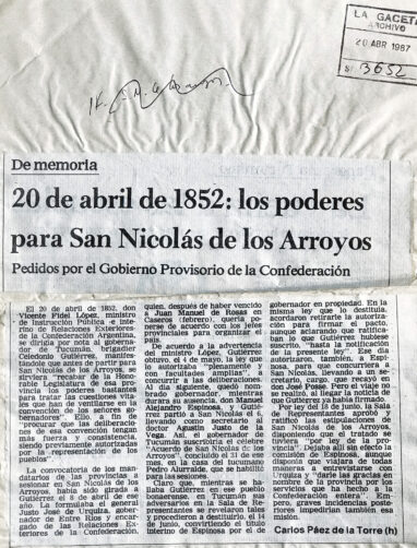 20 de abril de 1852: los poderes para San Nicolás de los Arroyos