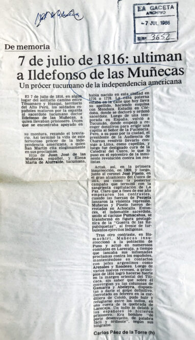 7 de Julio de 1816: ultiman a Ildefonso de las Muñecas