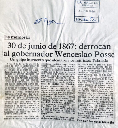 30 de junio de 1867: derrocan al gobernador Wenceslao Posse