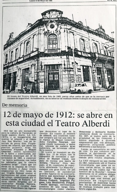 12 de mayo de 1912:Se abre en esta ciudad el teatro Alberdi