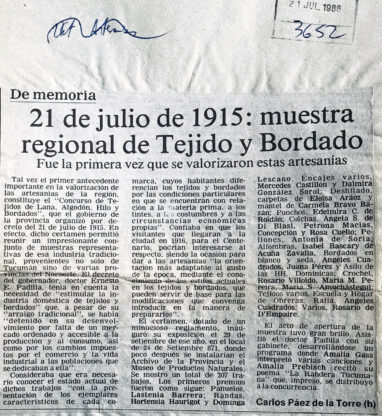 21 de julio de 1915: muestra regional de tejido y bordado